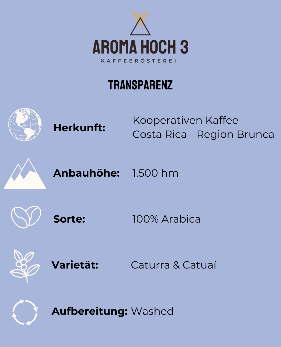 Unser Spezialitätenkaffee stammt von einem Zusammenschluss von mehreren Kleinbauern aus Costa Rica Region Brunca. Die Kaffeebohnen gedeihen in Höhenlagen von 1.500 Metern.  Die Varietäten sind Caturra & Catuaí. Nach der Ernte werden die Bohnen in unserer Spezialitätenkaffeerösterei in Obererlbach, in der Nähe von Nürnberg in Mittelfranken, sorgfältig zu köstlichem Kaffee geröstet.