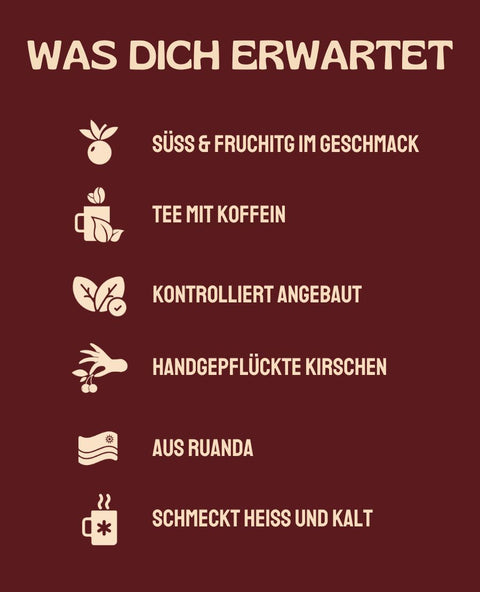 Der Kaffeekirschentee wurde handgepflückt. Schmeckt fruchtig und enthält Koffein.