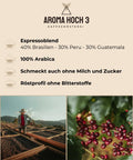 Arabica Espressobohnen als Blend mit dem Geschmacksprofil Schokolade und Karamell. Die Kaffeeroestung ist ein kraeftige Röstung und optimal für den Siebtraeger, Espressokocher oder Vollautomat. Aroma Hoch 3 die Spezialitaetenkaffeeroesterei aus dem Fraenkischen Seenland!