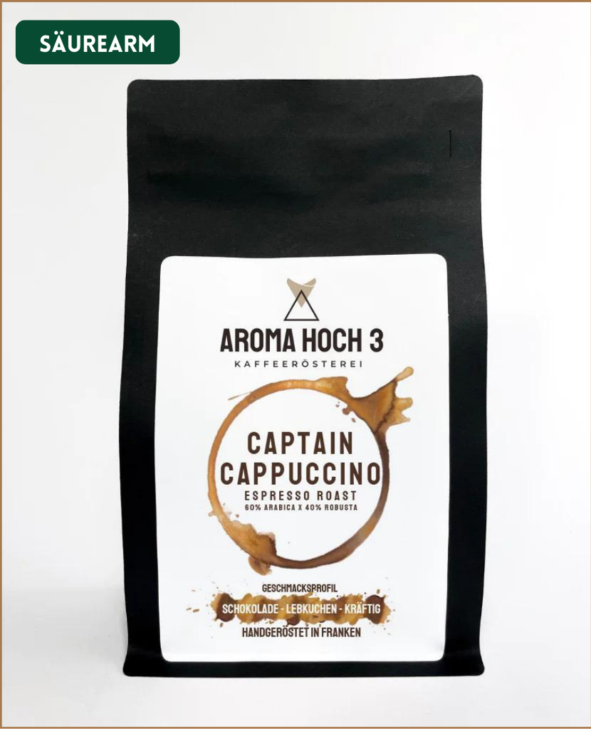 Espressobohnen als Blend mit dem Geschmacksprofil Schokolade, Lebkuchen und kräftig. Die Kaffeeroestung ist ein kraeftige Röstung und optimal für den Siebtraeger, Espressokocher oder Vollautomat. Aroma Hoch 3 die Spezialitaetenkaffeeroesterei aus dem Fraenkischen Seenland!