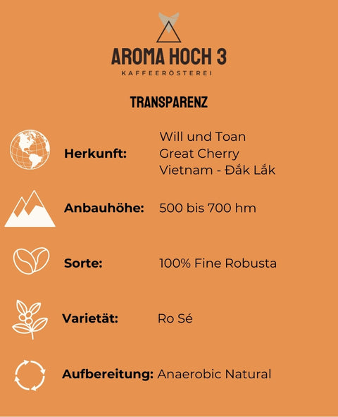 Unser Spezialitätenkaffee stammt von Great Cherry, Experten für Fine Robusta inVietnam. Dieser wird in der Region Dak Lak in Vietnam angebaut. Die Kaffeebohnen gedeihen in Höhenlagen von 500 bis 700 Metern. Nach der Ernte werden die Bohnen in unserer Spezialitätenkaffeerösterei in Obererlbach, in der Nähe von Nürnberg in Mittelfranken, sorgfältig zu köstlichem Kaffee geröstet.