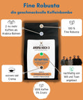 Unser 100% Fine Robusta Kaffee garantiert ein intensives Geschmackserlebnis und enthält gleichzeitig 2 bis 4 Mal mehr Koffein als Arabica-Bohnen. Dieser Kaffee zeichnet sich durch seine vollmundige Note und reichhaltige Crema aus. Die Bohnen wurden unter nachhaltigen Bedingungen von Great Cherry in Vietnam angebaut und anschließend in unserer Spezialitätenkaffeerösterei in Obererlbach, in der Nähe von Nürnberg in Mittelfranken, sorgfältig geröstet.