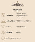 Arabicabohnen aus Kolumbien von der Villa Esperanza mit dem Geschmacksnoten Kirsche, Steinfrucht und Karamell. Die Kaffeeroestung ist eine milde Röstung und optimal für  Filterkaffee. Die Bohne ist 100% Arabica. Aroma Hoch 3 die Spezialitaetenkaffeeroesterei aus dem Fraenkischen Seenland!