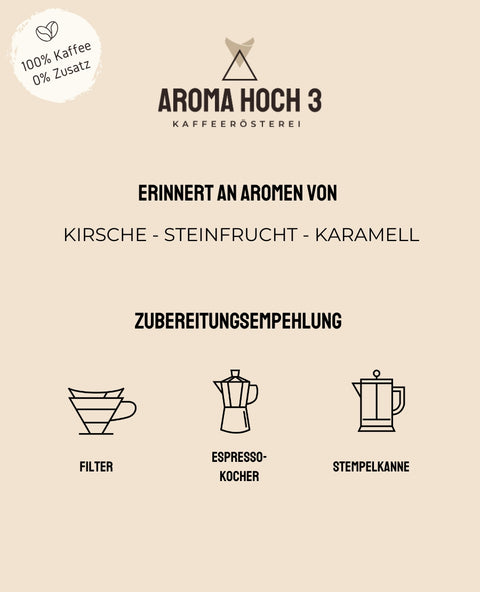 Arabicabohnen aus Kolumbien von der Villa Esperanza mit dem Geschmacksnoten Kirsche, Steinfrucht und Karamell. Die Kaffeeroestung ist eine milde Röstung und optimal für  Filterkaffee. Die Bohne ist 100% Arabica. Aroma Hoch 3 die Spezialitaetenkaffeeroesterei aus dem Fraenkischen Seenland!