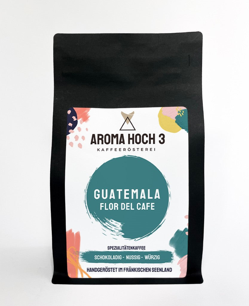 Spezialitaetenkaffee aus Guatemala mit dem Geschmacksprofil schokoladig, nussig und wuerzig. Die Kaffeeroestung ist ein mittelkraeftig und optimal für Vollautomat, Filter, Espressokocher oder Stempelkanne geeignet.  Aroma Hoch 3 die Spezialitaetenkaffeeroesterei aus dem Fraenkischen Seenland!